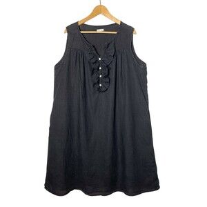 Allen Allen 3X Shift Dress Black Linen Sleeveless Ruffle Neckline Knee Length